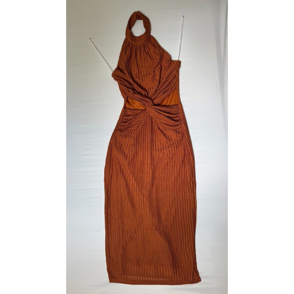 Lulus Rust Orange Twist Front Halter Midi Dress | Size Medium | NWOT